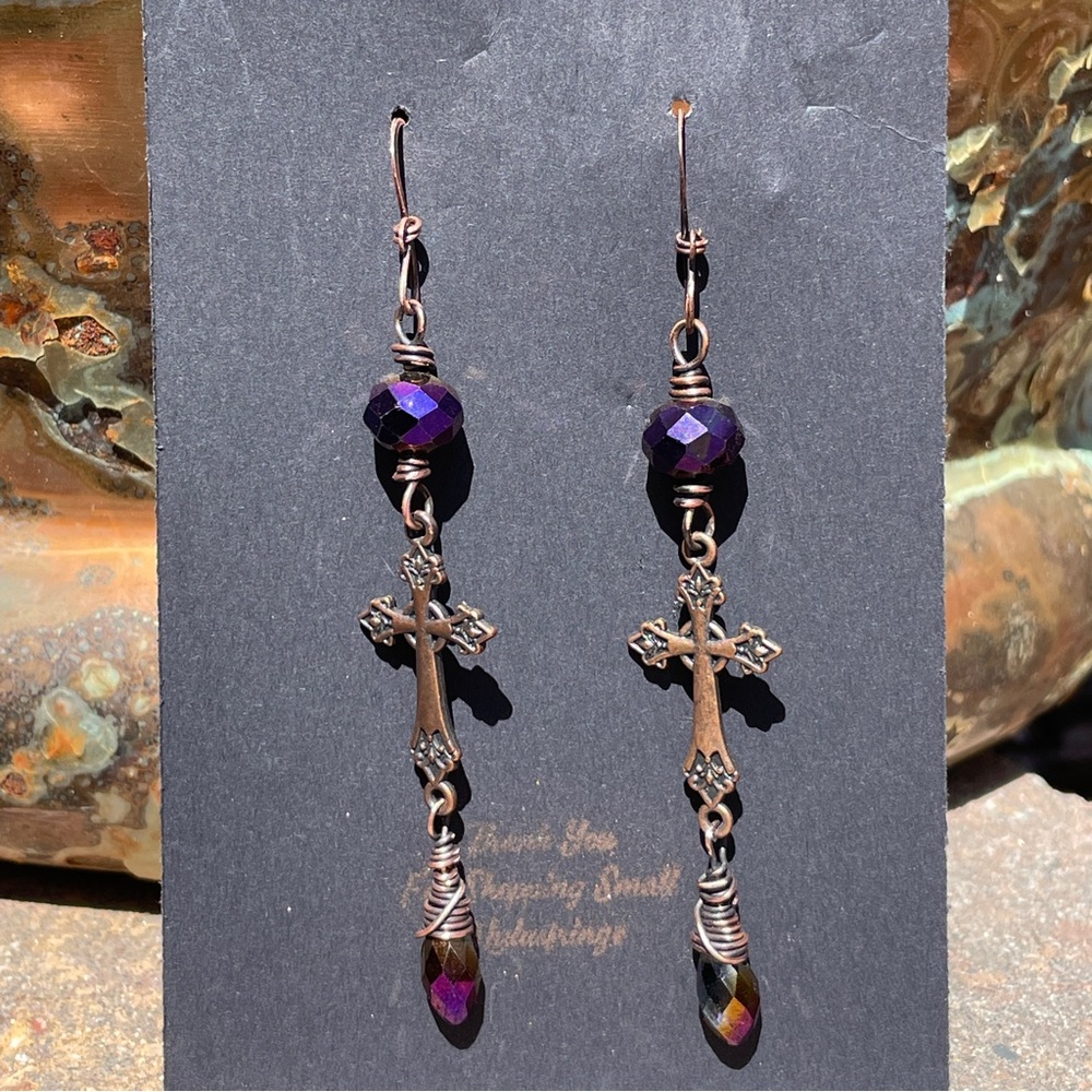 Elegant Purple Cross Dangle Earrings - Picture 11 of 12